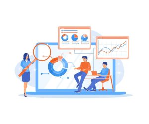 Business team analyzing data analytics with charts and graphs for e-commerce insights.