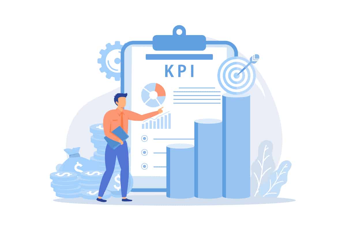 Illustration of a man analyzing KPIs on a clipboard with charts and graphs, emphasizing business performance measurement and metrics.