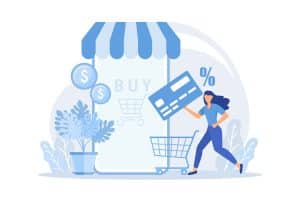 Woman running with a credit card in front of a digital storefront, symbolizing e-commerce transactions and customer engagement.