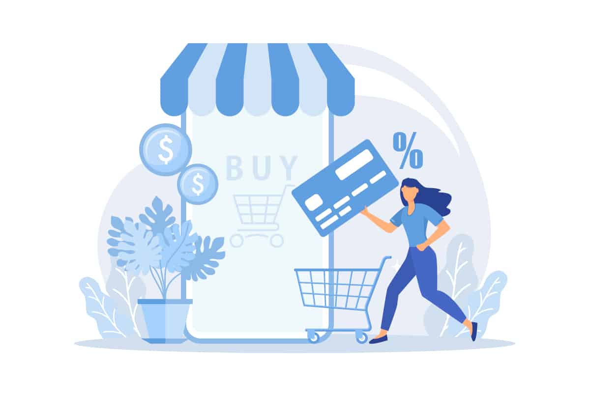 Woman holding a credit card and shopping cart in front of a digital storefront, symbolizing e-commerce growth and data-driven customer insights.