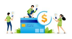 Illustration of diverse individuals engaging with a credit card and mobile devices, symbolizing digital finance and marketing strategies for millennials and Gen Z.