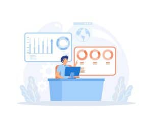 Person analyzing performance metrics on a computer, surrounded by data visualizations and analytics charts, relevant to business insights and data-driven decision making.