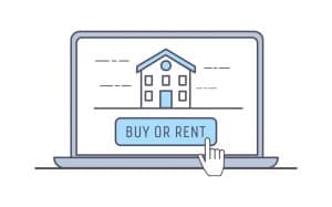 Laptop screen displaying a house icon with a clickable "Buy or Rent" button, illustrating online real estate options for marketing insights.
