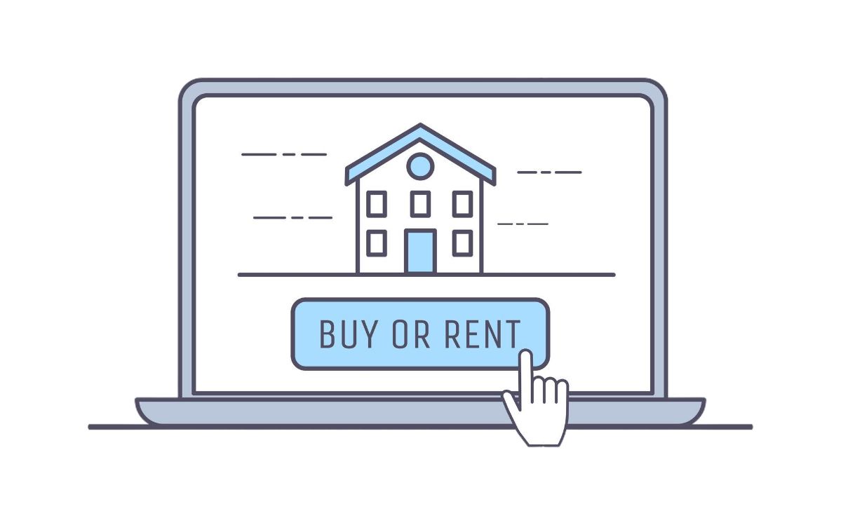 Laptop displaying a house icon with a "Buy or Rent" button and a hand cursor, representing real estate options for potential buyers and renters.