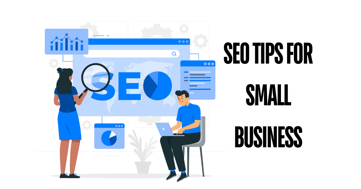 Illustration of a woman analyzing SEO strategies with a magnifying glass beside a man working on a laptop, featuring the text "SEO Tips for Small Business" and various data visualizations, emphasizing online marketing for small businesses.