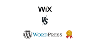 Wix vs WordPress logos with a medal icon, representing a comparison of website platforms for small businesses in digital marketing.
