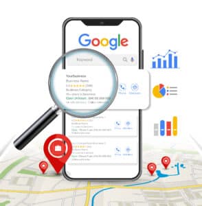 Smartphone displaying Google search results with analytics graphs, map markers, and a magnifying glass, illustrating Google Business Profile optimization for local SEO.