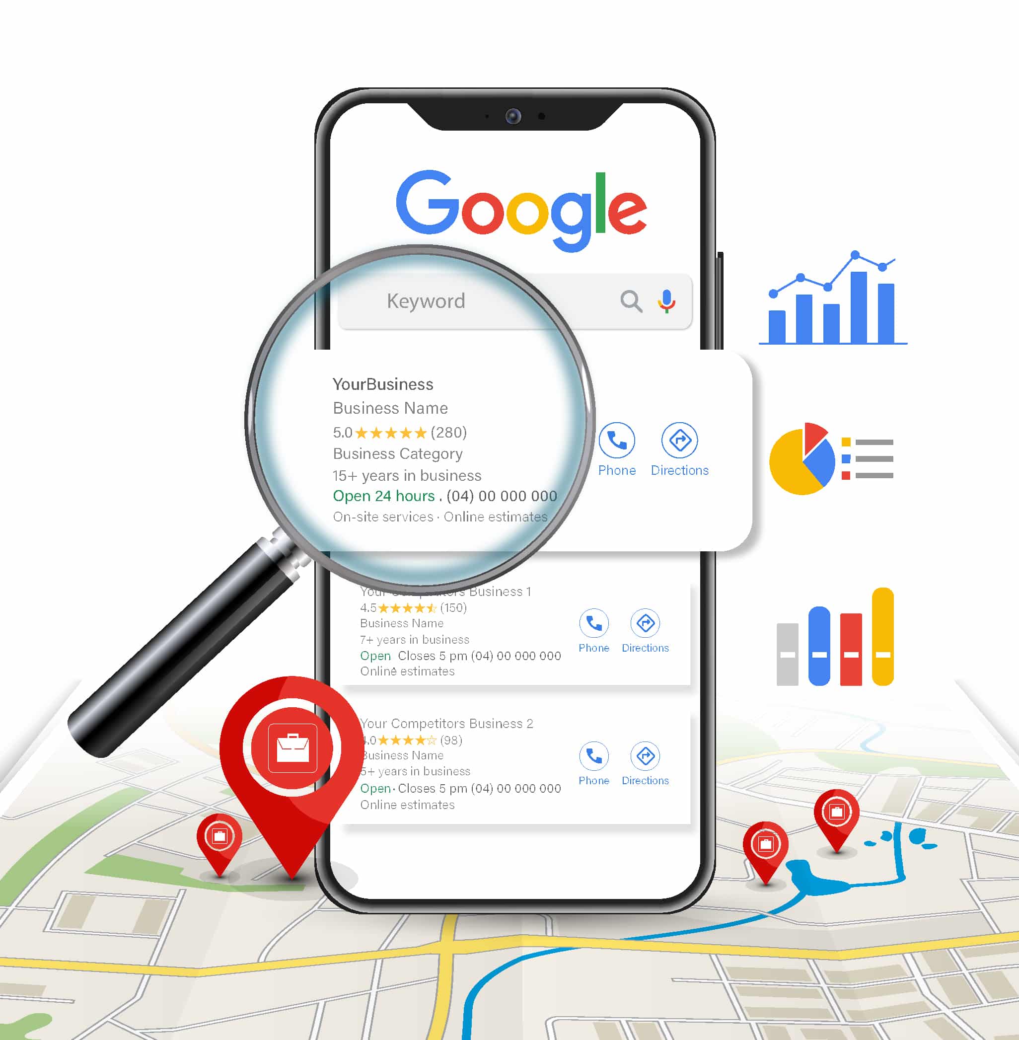 Smartphone displaying Google search results for local businesses, featuring a magnifying glass highlighting a business profile with ratings, contact information, and nearby competitors on a map, illustrating optimization strategies for Google Business Profiles.