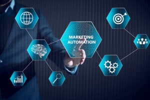 Business professional interacting with marketing automation icons, showcasing analytics, target goals, and technology enhancements for small business growth.