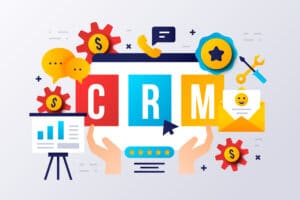 Colorful illustration of CRM concept featuring hands holding letters "CRM," gears, charts, dollar signs, and communication icons, symbolizing marketing automation and customer relationship management for small business growth.