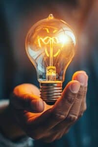 Light bulb glowing in hand, symbolizing innovative ideas and the #AIAdvantage for streamlined marketing automation solutions.