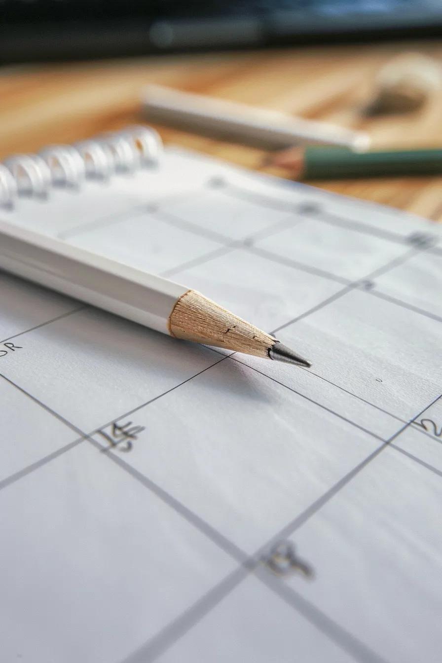 Close-up of a white pencil resting on a printed calendar page, emphasizing appointment scheduling and planning, relevant to Voice AI solutions for small businesses.