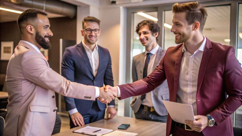 Business professionals shaking hands in a modern office setting, symbolizing collaboration and partnership for Connecticut marketing automation solutions.